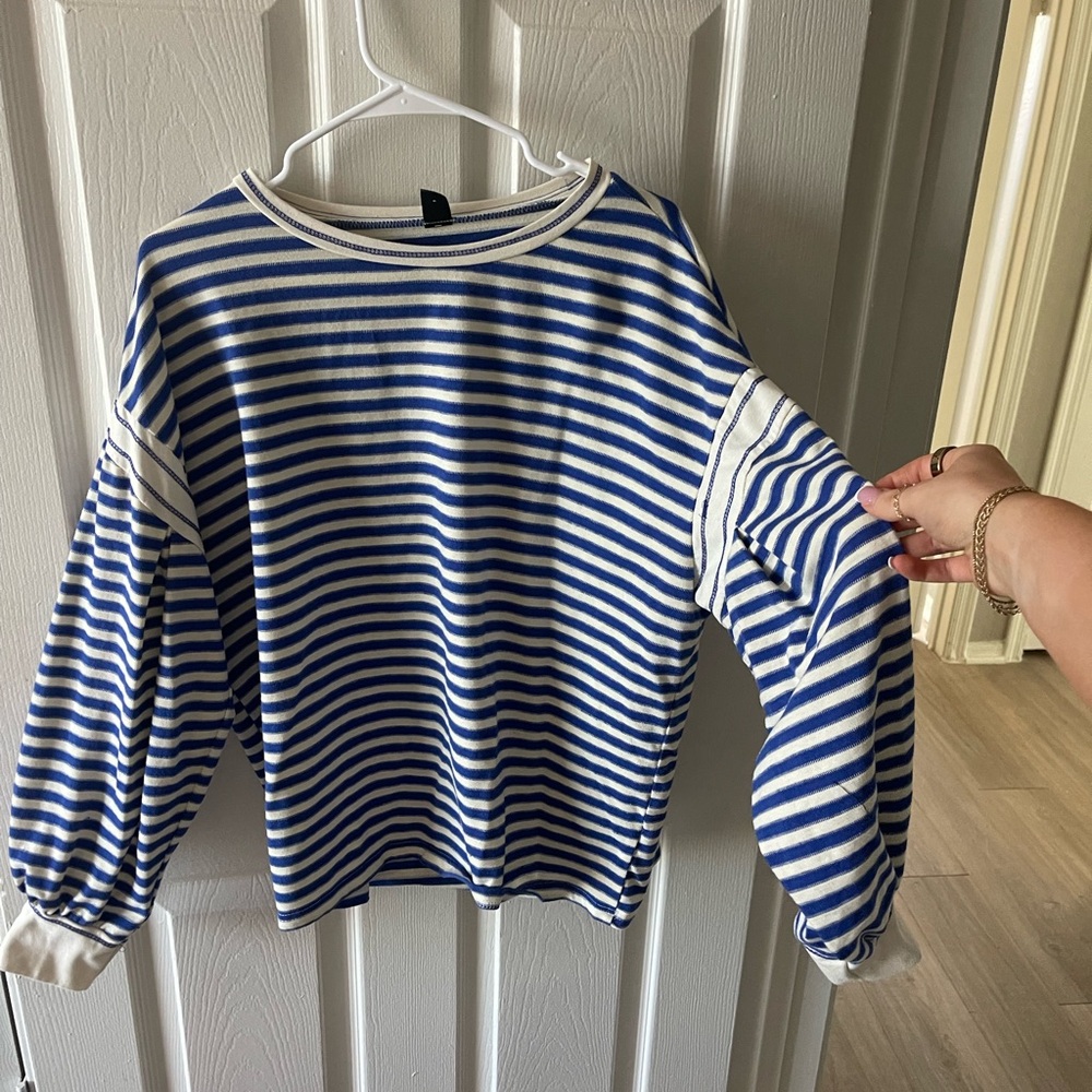 Blue and White Striped Long Sleeve Top